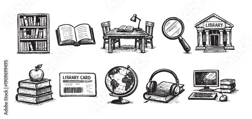 Hand-drawn illustration of library and educational icons. Includes bookshelf, books, library building, computer, globe. Great for education, school, reading, learning, library projects.