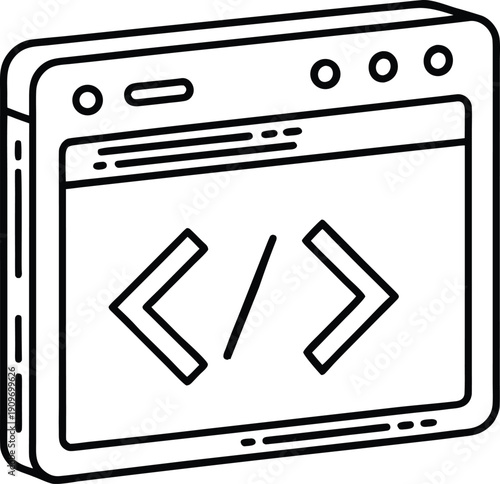 Outline Web Coding Interface: Hand Drawn Browser Window Showing Source Code Tags (</>). Perfect Vector Doodle for Programming, SEO, and Digital Development Design Elements.
