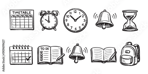 Hand-drawn style vector illustration of various education and time management related icons on a white background. Includes a schedule, book, clock, hourglass, and backpack.