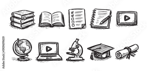 Black and white sketch drawing icons representing education, studying, and academic achievement. Ideal for back to school designs, presentations, and educational marketing.