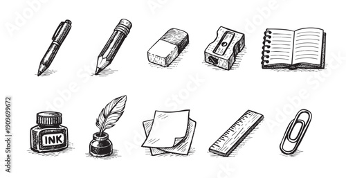 A set of various hand-drawn stationery items in black ink on a white background. Includes a pen, pencil, inkwell, and other classic supplies. Useful for illustrating writing, education, or creativity.