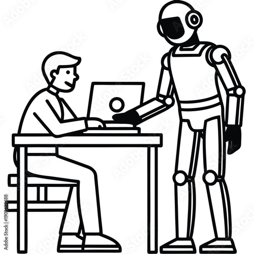 Human and Robot Collaboration at Desk: AI Assistant Helping Man Work on Laptop - Futuristic Workplace Automation, Digital Transformation, and Technology Support Vector Illustration