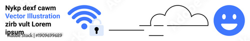 Wireless technology, cloud security, data protection, internet access, connectivity, and digital networking. wireless symbol, lock cloud and happy face graphic. Wireless technology and cloud