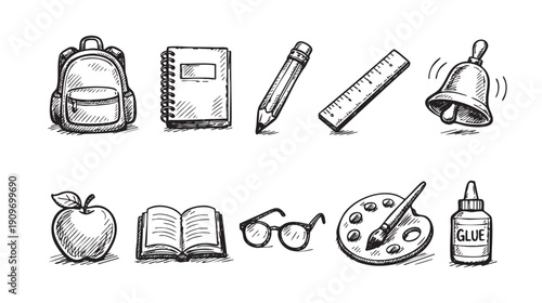 A set of sketched school-related objects, including a backpack, notebook, pencil, and apple. Represents education and learning, in a simple black and white line drawing style.