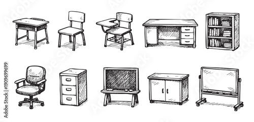 A hand-drawn illustration of various school and office furniture. Includes desks, chairs, a blackboard, a whiteboard, and a bookcase. Vector elements for educational or office design projects.