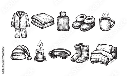Hand-drawn sketch illustration depicting items for a relaxing night: pajamas, blanket, hot water bottle, slippers, coffee, nightcap, candle, eye mask, socks and bed.