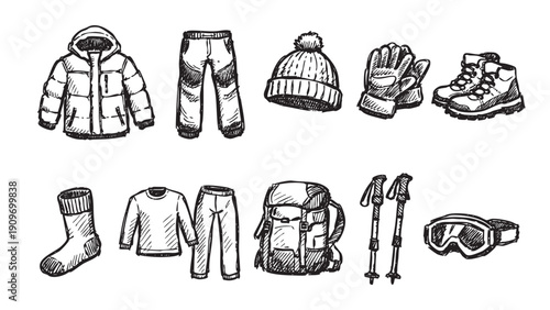 Hand-drawn illustration featuring winter sports and hiking equipment. Includes clothing, backpack, boots, and accessories. Great for adventure, travel, or outdoor-themed designs.
