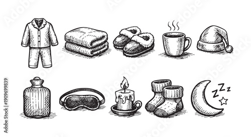 Hand-drawn vector illustration depicting cozy bedtime items including pajamas, blankets, slippers, hot chocolate, eye mask, and a sleeping moon. Perfect for relaxation, sleep or comfort concepts.