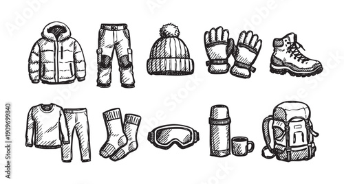 Black and white hand-drawn sketch illustration of outdoor gear and apparel for winter adventures and hiking. Includes clothing, accessories, and equipment.