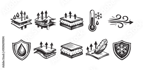 Hand-drawn style icons showcasing performance fabric technologies: moisture wicking, breathability, insulation, wind resistance, and waterproof properties. Useful for apparel, outdoor gear.
