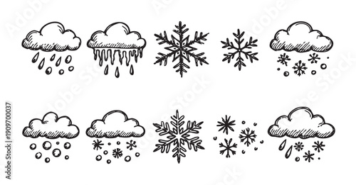 Black and white line art illustrations of weather icons: clouds, rain, snow, and snowflakes, on a white background. Useful for winter designs, forecasts, and holiday themes.