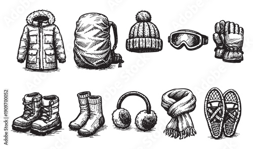 Hand-drawn illustration of various winter clothes and sporting equipment in a sketch style. Including coat, backpack, hat, boots, and snowshoes. Great for outdoor adventure content.