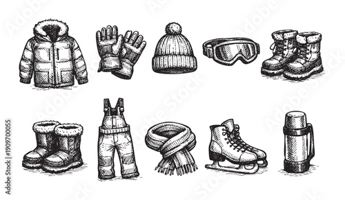 Hand-drawn sketch illustration of winter clothing and equipment.  Includes a parka, gloves, hat, ski goggles, boots, overalls, scarf, ice skates, and a thermos. Perfect for winter themed designs.