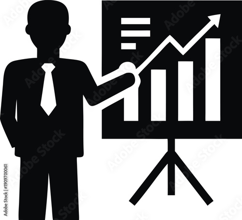 Professional Businessman Presenting Growth Chart Vector Icon - Solid Black Silhouette Illustration of a Corporate Speaker Analyzing Financial Data and Market Trends on a Whiteboard for Success and Per