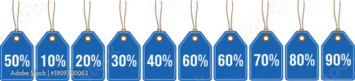 Blue discount price tags set with percentage numbers from ten to ninety isolated on white vector illustration for retail sale