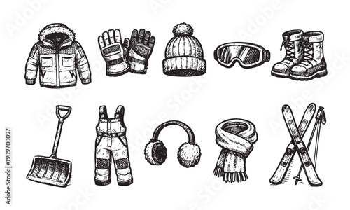 Hand-drawn style illustration of winter clothing and equipment. Includes skis, boots, coat, hat, gloves, shovel. Use for design projects or themed visuals.