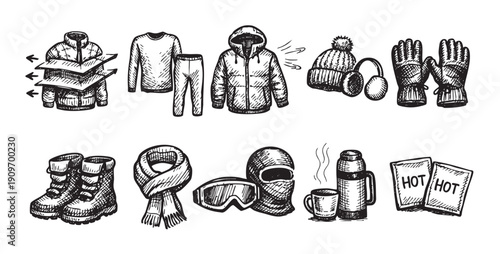 Hand-drawn illustration of essential winter clothing and accessories. Ideal for articles on layering, travel guides, winter sports, or outdoor activities. Monochrome sketch style on white background.