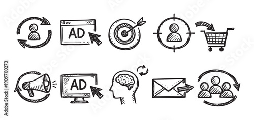 A set of hand-drawn doodle icons related to business, marketing, and feedback, suitable for illustrating concepts, presentations, and educational materials.