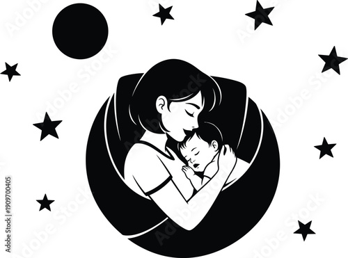 a silhouetted illustration depicts a tender moment between a mother and child framed by a crescent moon and twinkling stars evoking peacefulness