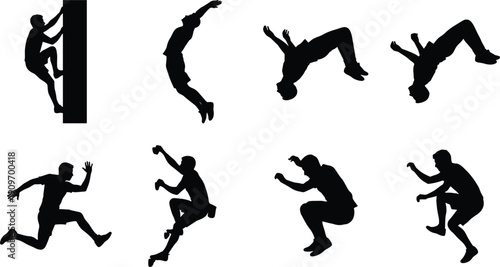 Set of black silhouettes featuring male athletes performing parkour movements including wall climbing jumping backflips and running for urban extreme sports