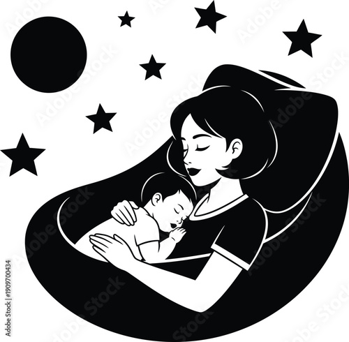 a silhouette of a mother gently cradling her sleeping child under a night sky filled with stars and a large moon