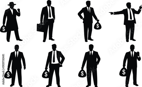 Vector silhouette set of professional businessmen in suits holding money bags and briefcases for financial success wealth management banking investments and corporate profit concepts, (24 words)