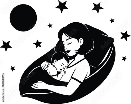 a tender moment of maternal love is captured as a mother lovingly cradles her sleeping child under a starry night sky