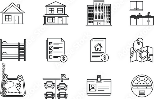 Real estate and residential icon set featuring house buildings, apartment complex, kitchen interior, bunk beds, and property rental document symbols.