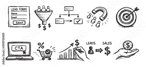 Hand drawn doodle illustrations depicting marketing concepts: lead form, funnel, conversion, sales process, CTA, and growth. Great for business and advertising illustrations.