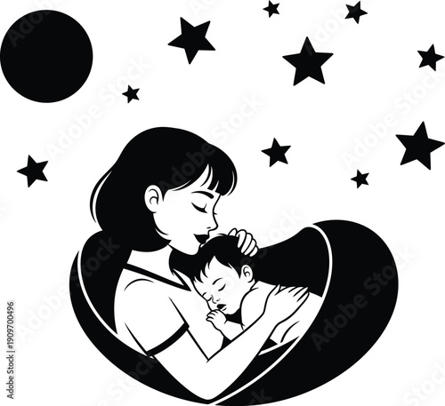 a tender silhouette depicts a mother cradling her sleeping child amidst a night sky filled with sparkling stars and a moon