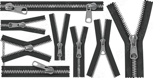 Set of various realistic metal zippers with black fabric tape in open closed and half unzipped positions for fashion design