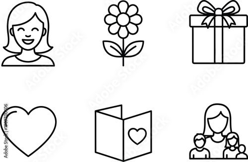 a collection of simple line art icons depicting a woman flower gift heart card and family high quality professional detailed modern