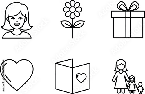 a collection of simple line art icons depicting a woman flower gift heart card and mother with child high quality professional