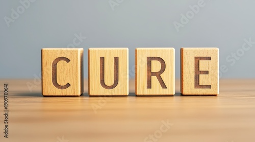 Wallpaper Mural Wooden blocks spell out the word "CURE" on a wooden surface with a plain gray background. Torontodigital.ca