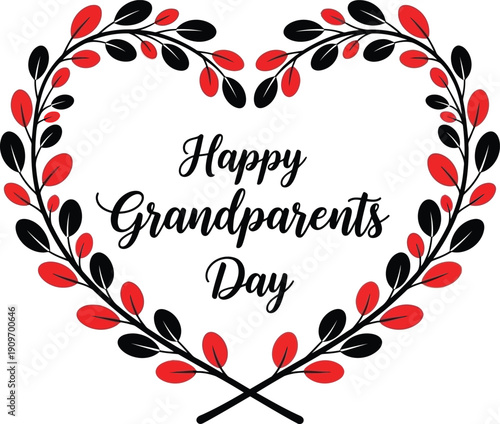 A beautifully designed heart shaped wreath with red and black leaves celebrates happy grandparents day with elegant calligraphy high quality professional