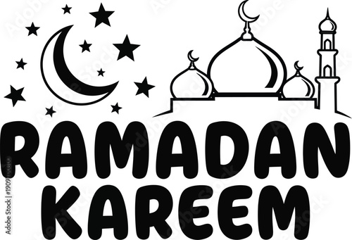 A beautiful ramadan kareem illustration featuring a crescent moon stars a mosque and bold lettering for festive greetings high quality professional