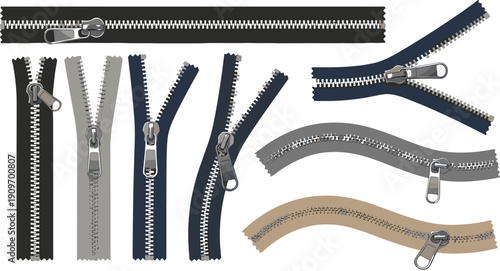 Vector set of realistic metal zippers with curved and straight fabric tape in various colors for clothing and fashion design