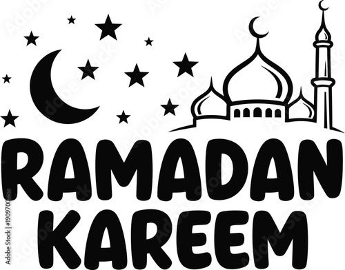 A beautiful ramadan kareem illustration features a crescent moon stars and a mosque silhouette conveying peaceful islamic greetings and celebrations