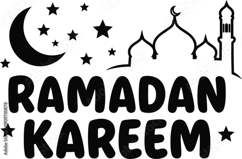 A beautiful ramadan kareem graphic featuring a crescent moon stars and a mosque silhouette illustrates islamic festive greetings high quality professional