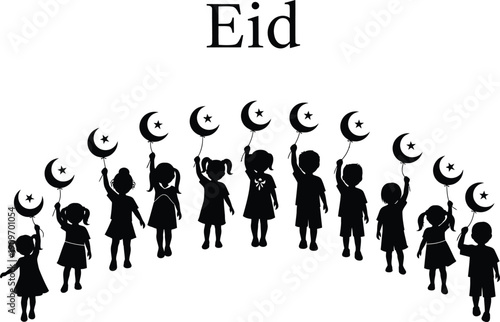 A silhouette image showcases children raising crescent moons celebrating the joyous occasion of eid with festive spirit and unity high quality