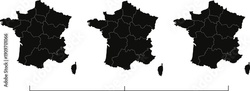 Three black silhouettes of France map with regions simple vector illustration for travel or geography concepts isolated on white background