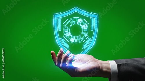 A glowing, digital shield floats above an open palm against a green backdrop