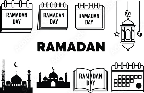 A collection of ramadan themed illustrations including calendars a mosque a lantern and text rendered in a simple black and white style