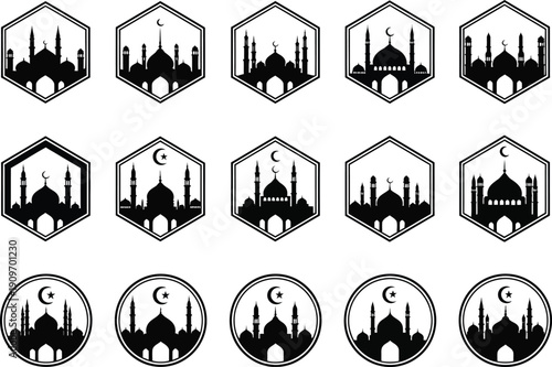 a collection of monochrome hexagonal and circular islamic mosque emblems illustrating architectural details and cultural symbols showcasing religious artistry high quality