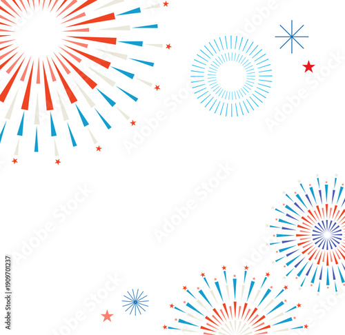 Square frame for 4th of July banner, poster and greeting card. Fireworks background design. US 250th anniversary frames series.