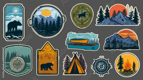 Collection of vintage-style outdoor adventure badges and stickers featuring mountains, wildlife, tents, compasses, kayaks, and campfires, recreation graphic elements, nature