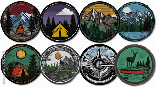 Collection of vintage-style outdoor adventure badges and stickers featuring mountains, wildlife, tents, compasses, kayaks, and campfires, recreation graphic elements, nature