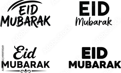 The image displays several variations of the islamic greeting eid mubarak in different styles and fonts presented on a white background