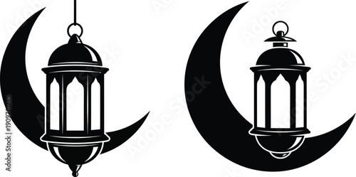 a striking illustration depicts two ornate black crescent moons each gracefully suspending a detailed lantern symbolizing islamic tradition and festive celebrations