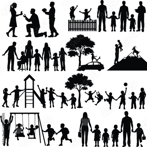 Collection of family silhouettes featuring marriage proposal parents with children playing at playground kids swinging climbing trees
